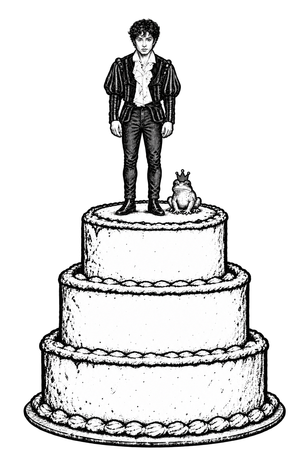 Torta ilustrada con L.A. ZABRANA de época y una pequeña rana con corona
